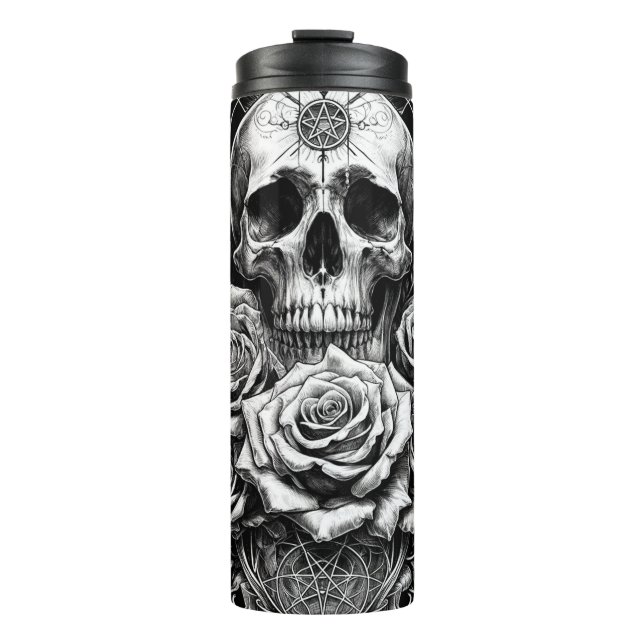 Pentacle Skeleton Skull & Roses Tarot Art Thermal Tumbler (Front)