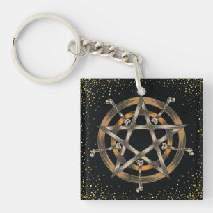 Pentacle with Bones Button Key Ring