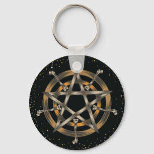 Pentacle with Bones Button Key Ring