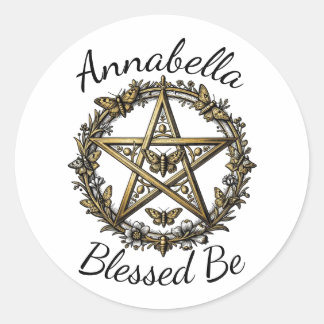 Pentagram and Moth Witchy Art Custom Name Classic Round Sticker