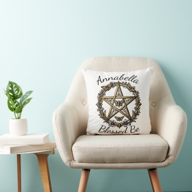 Pentagram and Moth Witchy Art Custom Name Cushion (Chair)