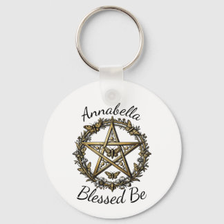 Pentagram and Moth Witchy Art Custom Name Key Ring