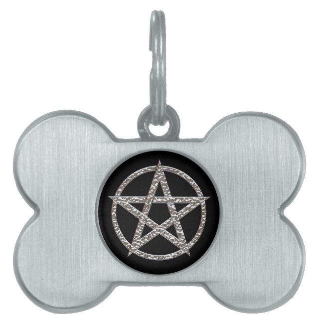 Pentagram Hammered Chrome Pet Name Tag (Front)