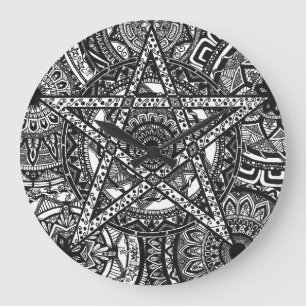 Pentagram Mandala WaClock - black and white design Large Clock