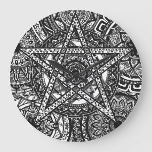 Pentagram Mandala WaClock - black and white design Large Clock