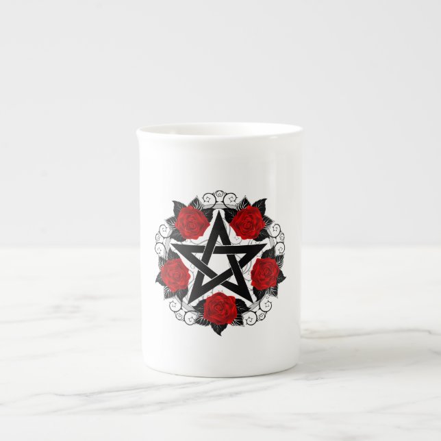 Pentagram with Red Roses Bone China Mug (Front)