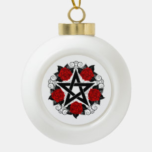 Pentagram with Red Roses Ceramic Ball Christmas Ornament