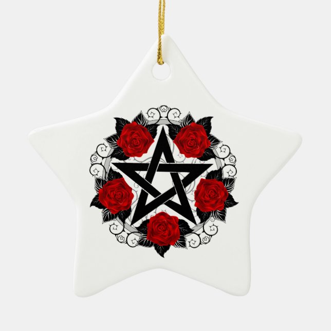 Pentagram with Red Roses Ceramic Ornament (Front)