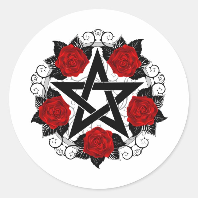 Pentagram with Red Roses Classic Round Sticker (Front)