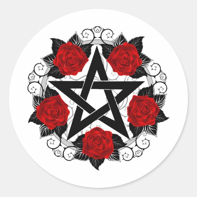 Pentagram with Red Roses Classic Round Sticker (Front)