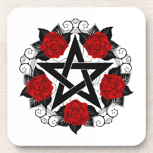 Pentagram with Red Roses Coaster (Front)