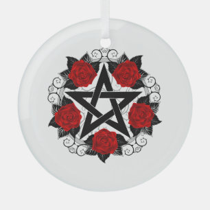 Pentagram with Red Roses Glass Tree Decoration