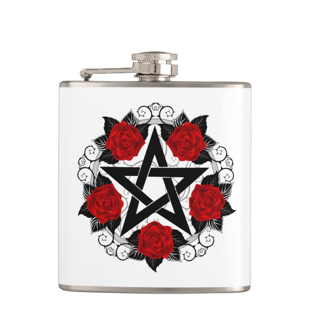 Pentagram with Red Roses Hip Flask (Front)