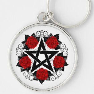 Pentagram with Red Roses Key Ring