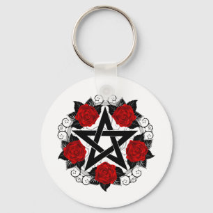 Pentagram with Red Roses Key Ring