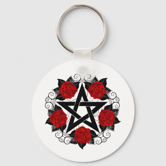 Pentagram with Red Roses Key Ring (Front)