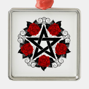 Pentagram with Red Roses Metal Ornament