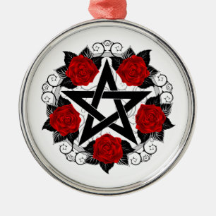 Pentagram with Red Roses Metal Ornament