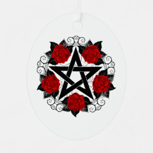 Pentagram with Red Roses Metal Tree Decoration