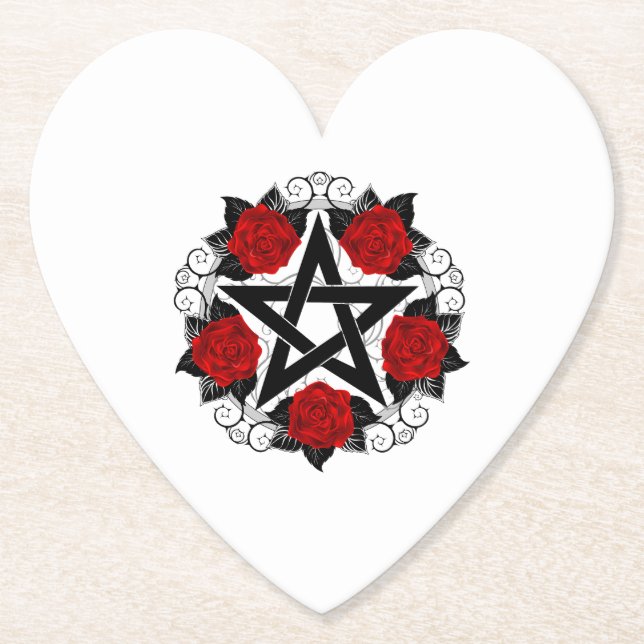 Pentagram with Red Roses Paper Coaster (Front)