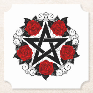 Pentagram with Red Roses Paper Coaster