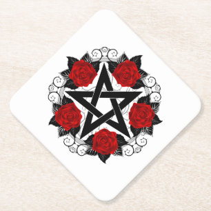 Pentagram with Red Roses Paper Coaster