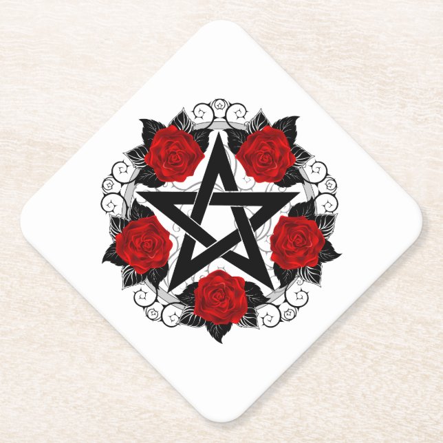 Pentagram with Red Roses Paper Coaster (Front)