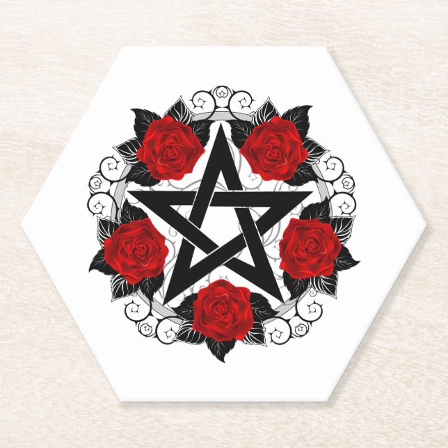 Pentagram with Red Roses Paper Coaster (Front)
