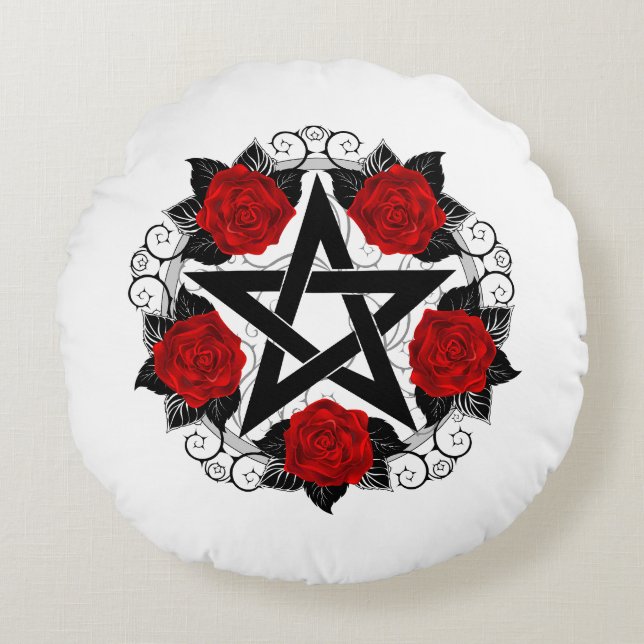Pentagram with Red Roses Round Cushion (Front)