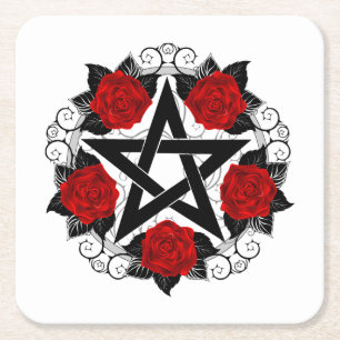 Pentagram with Red Roses Square Paper Coaster