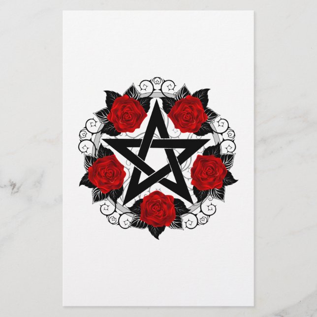 Pentagram with Red Roses Stationery (Front)