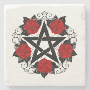 Pentagram with Red Roses Stone Coaster