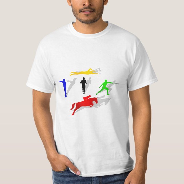 Pentathlon Fencing Shooting Swimming Jumping Run T-Shirt (Front)