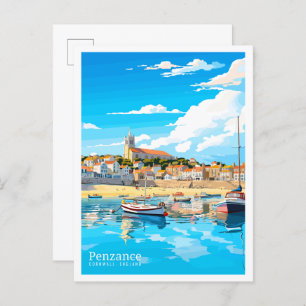 Penzance Cornwall vintage travel illustration Postcard