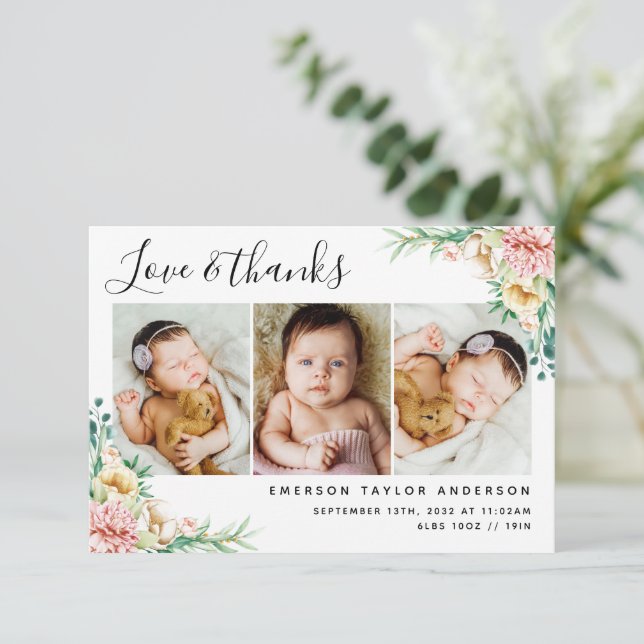 Peonie Eucalyptus Floral Love and Thanks Baby  Thank You Card (Standing Front)