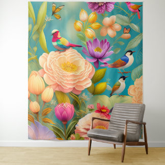 Peonies and Birds in pastel colours Tapestry