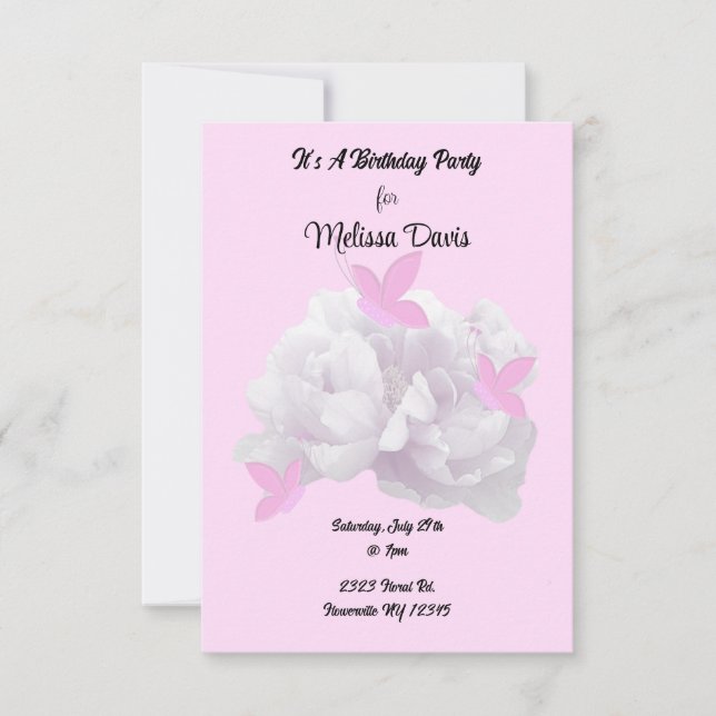 Peonies and Butterflies Birthday Invitation (Front)