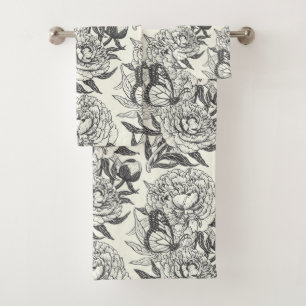 Peonies and butterflies block print, black and whi bath towel set