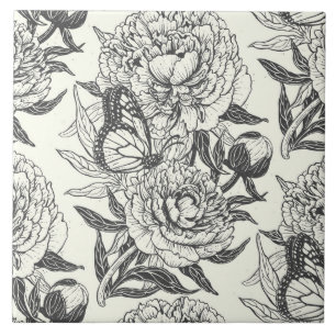 Peonies and butterflies block print, black and whi ceramic tile