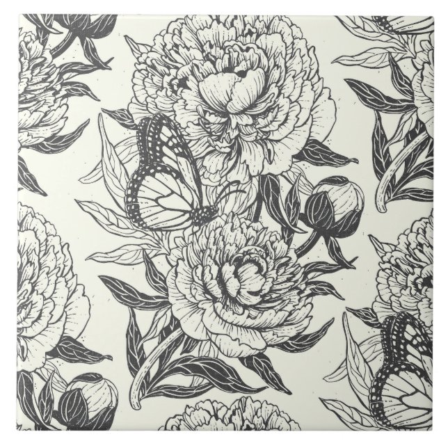 Peonies and butterflies block print, black and whi ceramic tile (Front)