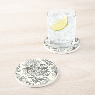 Peonies and butterflies block print, black and whi coaster