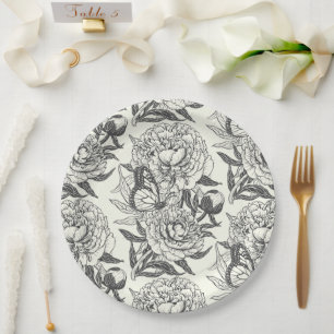 Peonies and butterflies block print, black and whi paper plate