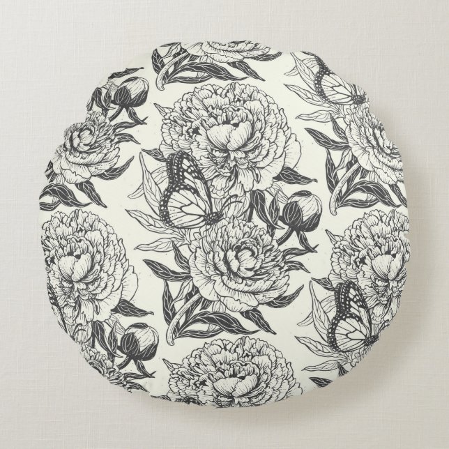 Peonies and butterflies block print, black and whi round cushion (Front)