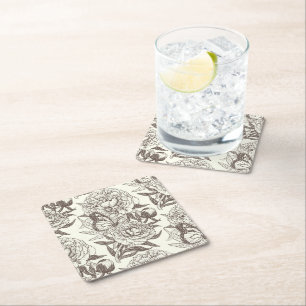 Peonies and butterflies block print, black and whi square paper coaster