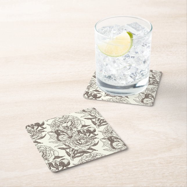 Peonies and butterflies block print, black and whi square paper coaster (Insitu)