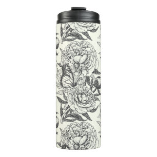 Peonies and butterflies block print, black and whi thermal tumbler