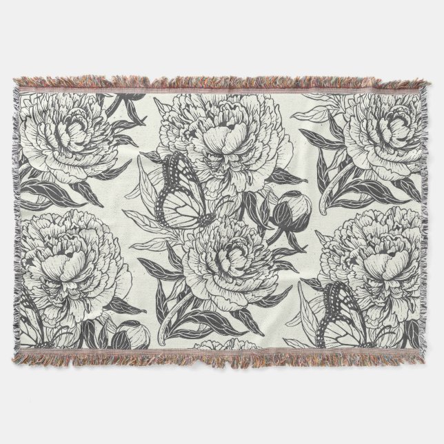 Peonies and butterflies block print, black and whi throw blanket (Front)