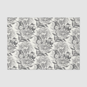 Peonies and butterflies block print, black and whi tissue paper