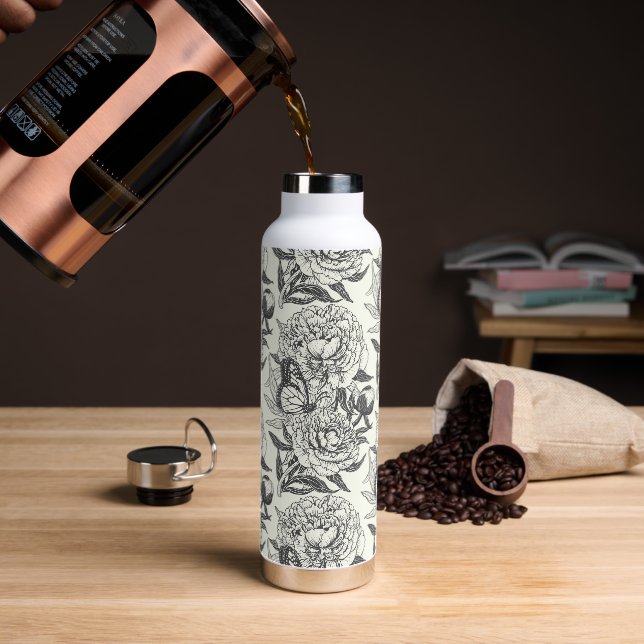 Peonies and butterflies block print, black and whi water bottle (Coffee)