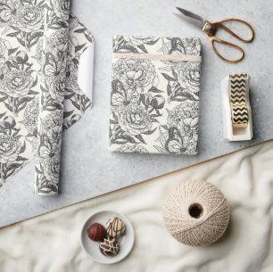 Peonies and butterflies block print, black and whi wrapping paper